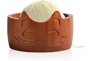 RoseFlower Bol à laine en bois, 5.3 Pouces Visage de chat Bol de Fil Bol à Tricoter Rangement de fil avec trous sculptés pour tricoter et crocheter pour la maison