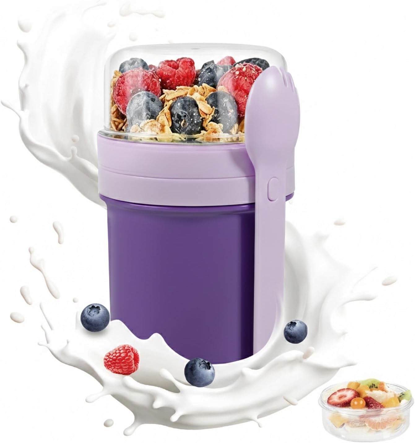 Carehabi CerealCuptoGo, 450 ml + 250 ml, YoghurtCup, vaso para cereales con cuchara y caja para salsas, caja para desayuno sin BPA, bol para cereales, para niños y adultos, morado.