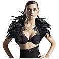 ZAKIA Women's Black Real Feather Shrug Shawl Wrap Lace Collar Halloween Costume Scarf Feather Bow Cape