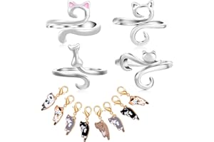 Zernblend 4 Pezzi Anelli a Gancio Forma di Gatto e 8 Pezzi Segnamaglie Forma di Gatto, Anello per Dita da Maglieria, Accessori per Uncinetto, Maglieria