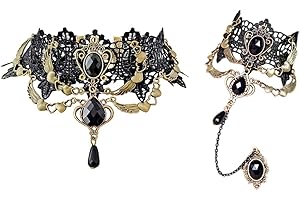 Aabellay Gothic Black Lace Bracelet with Finger Ring Steampunk Vampire Wristband Ring with Bracelet Set Victorian Costume Party Vintage Wedding Prom Festival Hand Chain Jewelry for Women Girls - FY002