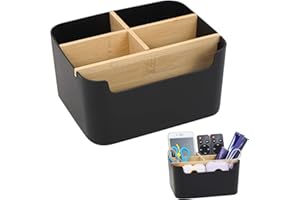 KNJOMZIE Organizer na biurko z bambusa, 5 przegródek, zdejmowany organizer biurowy w kolorze czarnym, pojemnik na długopisy, drewniane pudełko do przechowywania, do biura, szkoły, na kosmetyki, pilot