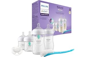 Philips Avent Zestaw butelek Natural z Responsywnym smoczkiem z nakładką antykolkową AirFree—4 butelki z nakładką AirFree, smoczek Ultra Soft, szczotka do butelek. Wiek 0 –12 mies.i (model SCD657/11)