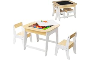 DREAMADE Kindertisch mit 2 Stühlen, Kinder Tisch Stuhl Set mit doppelseitiger Tischplatte & Stauraum, 3tlg. Kindersitzgruppe für Kinder ab 3 Jahren für Kinderzimmer Kindergärten (Natur+Weiß)