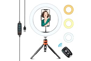 WOWGO LED Lumière Anneau avec Trépied, 10" Ring Light avec Télécommande Wireless pour Phone/Youtube/Diffusion en Direct/Maquillage Lampe Annulaire Réglable avec 3 Couleur Modes et 11 Luminosité
