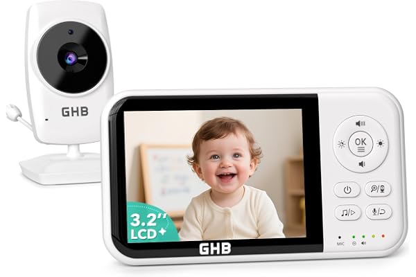 GHB Babyphone Caméra Bébé Surveillance 3,2 inches LCD Batterie 2100mAh Capteur de Température Vision Nocturne 2X Zoom Audio Bidirectionnel