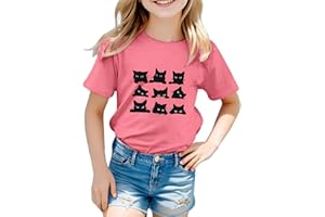 VUNCIO Kids T Shirts Girls Cat Trendy Graphic Cat Round Neck Short Sleeve Teenage Girls Tshirts Comfy Summer Cartoon Cute Casual Athletic Vacation School Tops T-Shirts Age 3-13 Years