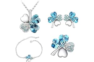 KBRPEY 4 Pezzi Parure Gioielli Trifoglio Cristallo Collana Orecchini Bracciale Anello Set Donna Elegante Accessori Brillanti