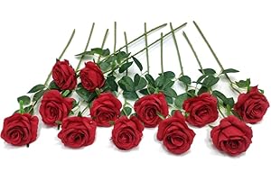 Laelfe 12 Pcs Red Artificial Roses, 21in Realistic Single Long Stem Silk Flowers Fake Red Rose Bridal Bouquet for Wedding Home Party Arrangment Hotel Garden Decoration
