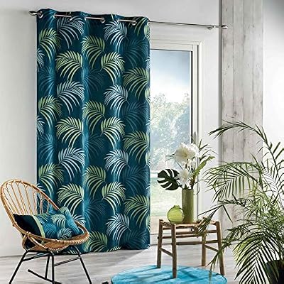 Douceur d'Intérieur Blue Vegetal 1 Rideau A Oeillets, Bleu, 140 x 260 CM