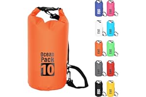 POPOYU 10L Sac étanche Polyvalent, 2L/5L/10L/15L/20L/30L Orange Waterproof Dry Bag avec Longue Bandoulière Réglable Sac à Dos Confort Imperméable pour Bateau/Kayak/Pêche/Rafting/Natation/Camping/Snowboard