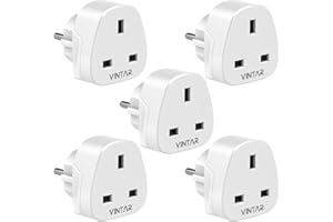 VINTAR UK to European Plug Adapter,Grounded 3 Pin to 2 Pin EU Euro Europe Schuko Travel Adaptor for France Germany Spain Turkey Greece Russia and More(Type E/F), 5 Pack White