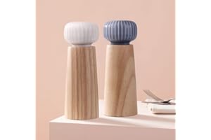 HAIPUSEN Molinillo de Sal y Pimienta de Madera y Cerámica - Pimentero Molino de Especias con Amoladora Ajustable, 17,5cm (Con Soporte)