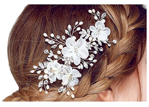 Miya® 1Stück MEGA Glamour Braut Kamm Steckkamm Haarkamm mit vier wunderschöne Blumen aus sanft Tüll Perle und Kristallen, Braut Schmuck Hochzeit Jugendweihe Haarschmuck, Form YY02 - 2