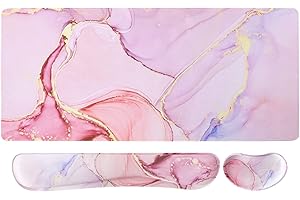 Mouse mat Set,iCasso Desk mat 900 x 400mm,Stitched Edges Gaming Mouse Pad & Mouse mat Wrist Support&Keyboard Wrist Rest,Waterproof Surface Desk Pad with Non-Slip Rubber Base (Pink Marble)