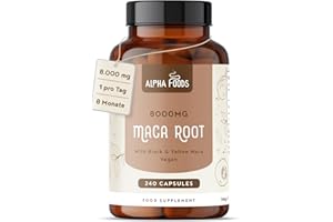 ‎ALPHA FOODS Maca Kapseln hochdosiert | 240 vegane Kapseln | Maca Schwarz 10:1 Extrakt | 8000 mg pro Kapsel | Pulver aus der Maca Wurzel | Hochdosiert und vegan | Alpha Foods