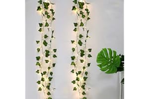 DYBOHF 2 Piezas Hiedra Artificial, 2M Guirnalda Vines con 20 Luces LED, Planta Hojas de Vid Colgante, Enredadera Hojas Verdes para Jardín, Patio, Escalera, Interior y Exterior Decoración