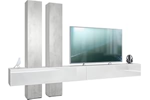 Vladon Mueble Alto Moja - Blanco Mate & Blanco/hormigón Oxidado - Mueble Alto Moderno para su salón (AxAxP) 330 x 204 x 39 cm