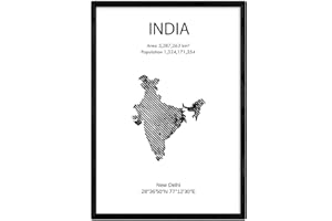 Nacnic Feuille carte d´Inde. Photos, impressions et affiches pour le salon, la chambre à coucher... Style nordique en noir et blanc. Poster de pays et continents. Format A3 sans cadre.