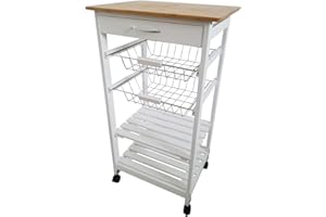 Meyvaser.com Ecommerce Company Verdulero frutero de Cocina Color Blanco-Miel, Carro de Cocina con Ruedas, 87x47x37, 2 cestas metalicas y 2 baldas