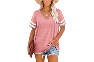 Aokosor Oversized T Shirts for Women V Neck Ladies Striped Sleeve Summer Tops Casual Loose Tee