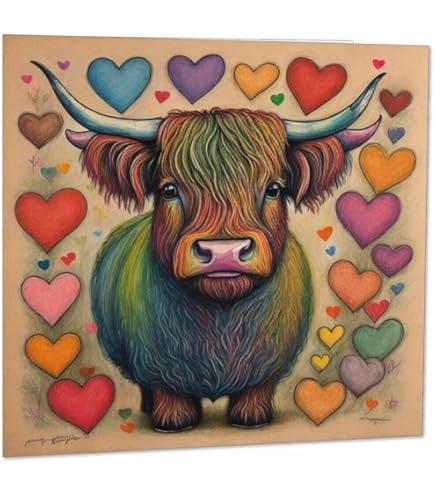Artery8 Geburtstagskarte Highland Cow Schottische Kuh Ölgemälde - 17,5x12,5 Cm, Blanko, Mit Umschlag