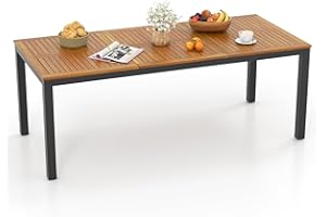 COSTWAY Table de Jardin 200 CM pour 8 Personnes, Table Exterieur en Bois d’Acacia, Table à Manger avec Trou de Parasol Dia.5 CM, Design Latte, Pieds en Métal, Rectangulaire