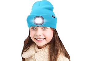 ATNKE Kids LED Lighted Beanie Cap, USB Rechargeable 4 LED Headlamp Waterproof Winter Warmer Knit Night Hats with Light for Boys Girls