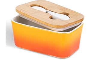 Mantequillera de Porcelana con Cuchillo y Tapa, Henten Home Contenedor Grande para Mantequilla, Recipiente Hermética para Todo Tipo de Mantequilla(Naranja Tropical)