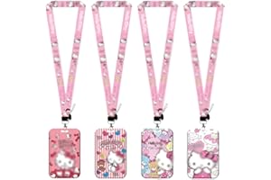 OBLRXM 4PCS Hello Kitty Funda de Tarjeta de Identificación,Hello Kitty Porta Tarjetas Identificativas,Lanyard con Tarjetero,Cuello Cuerda con Porta Credencial para Llaves, Tarjetas de Identificación,Oficina