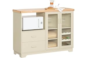 ‎SOBUY SoBuy Küchenschrank Buffet Kommode mit Glastüren & Schubladen Sideboard mit 120 cm Arbeitsplatte, Mikrowellenfach & Weinregal Küchenmöbel für Wohnzimmer & Esszimmer Beige 120x90x40cm FSB81-MI
