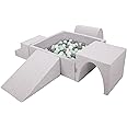 KiddyMoon Foam Playground For Kids With Square Ballpit (200 Balls ∅ 7Cm/2.75In) Soft Obstacles Course And Ball Pool Made In EU, Lightgrey:White/Grey/Mint