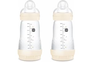 MAM Pack 2 Biberones Anticólicos, 2-4 Meses, 260ml, con Tetina 2 Flujo Medio de Silicona de Fácil Aceptación, Autoesterilizable y Fácil de Limpiar, MAM Easy Start Anti-Colic, Neutro Brillante, 2uds