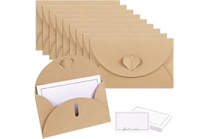 metagio Mini Briefumschläge, 30 Kraftpapier Umschläge mit 30 Blanko Papier Karten, Briefumschläge Hochzeit, Briefumschlag mit Herz Verschluss für Hochzeite Grußkarten Geburtstagskarten Party Einladung