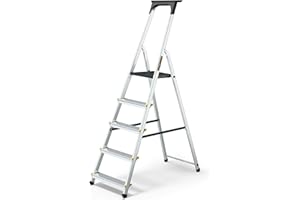 Drabest Escabeau en Aluminium 5 Marches 150 KG - Escabeau en Aluminium avec Pieds Antidérapants Et Plate-Forme De Travail - Échelles Multifonctions - 45 X 168 X 12 Cm