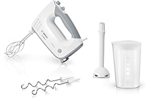 ‎BOSCH Bosch Handrührer ErgoMixx MFQ36440, 2 Rührbesen, 2 Edelstahl-Knethaken, Pürierstab, Becher, spülmaschinengeeignet, 5 Stufen plus Turbostufe, 450 W, weiß