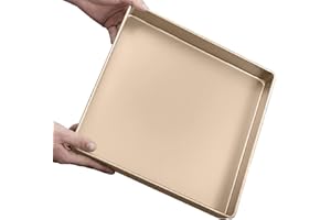 DeJivsin Bandeja de horno de 11 pulgadas (dorada), 28 x 28 x 3,6 cm, Bandeja Horno Universal, acero inoxidable, revestimiento antiadherente, bandeja para pan, bandeja para pizza, bandejas para horno