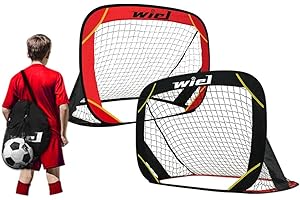 Wiel Set di 2 reti da calcio portatili per bambini per allenamento in giardino e gioco di squadra, 100 x 80 cm, pieghevole, rosso/nero, con borsa per il trasporto, con scomparto per palline in rete