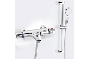 AIMOYO Thermostatic Bath Shower Mixer Tap with Shower Riser Kit, Deck Mounted Bath Shower Mixer Bar Set, Bath Taps with Bathtub Filler Spout, 38°C Anti Scald, Modern Chrome, 180mm