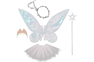 Alas de Hadas para Niñas y Adultos ZHSIHAI 5PCS Alas de Mariposa Alas de Elfo Fairy Wings Alas de Angel con Orejas de Elfo Corona Flores Disfraz para Halloween Carnaval Cosplay Fiestas(Blanco)