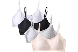 Bisienya 4 Pack Girls Sports Bra,Kids Bra,Teenage Bras with Adjustable Shoulder Strap,Training Bra with Fixed Bust Pad,Cotton Teen Bra,No Underwire,for 10-16 Years Old (White Gray Black Skin Color)