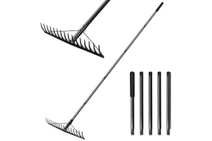 Ezkamfort 183cm Heavy Duty Garden Rake with Stainless Steel Handle, 17 Steel Tines Metal Dual-Head Garden Rakes Tool, for Loosening Soil Gathering Leaf Leveling Lawn Farming Land Yard Thatch Rake