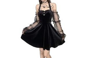 DINGJIUYAN Goth Retro Court Lace Lantern Long Sleeve Hollow-Out O Neck Pure Black Temperament Velvet Midi Dress