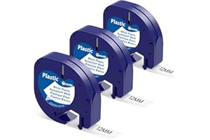 Markurlife Ruban Compatible pour Recharge Dymo Letratag Plastique 12mm x 4m Noir sur Blanc, Compatible pour Dymo LetraTag LT-100H LT-100T XR LT-110T 200B, Plastic White S0721610 91221, 3 paquets