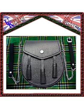 Scottish Black LEATHER Kilt SPORRAN and Belt 3 Tassels leather sporran by SHYNE KILTS U.K