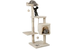 lionto Arbre à Chat avec 2 balles en Peluche & Corde de Jeu, Hauteur 112 cm, avec Corde en sisal & Peluche, Surface de Repos & Grotte, Support Mural Inclus, pour Petits & Grands Chats, Beige