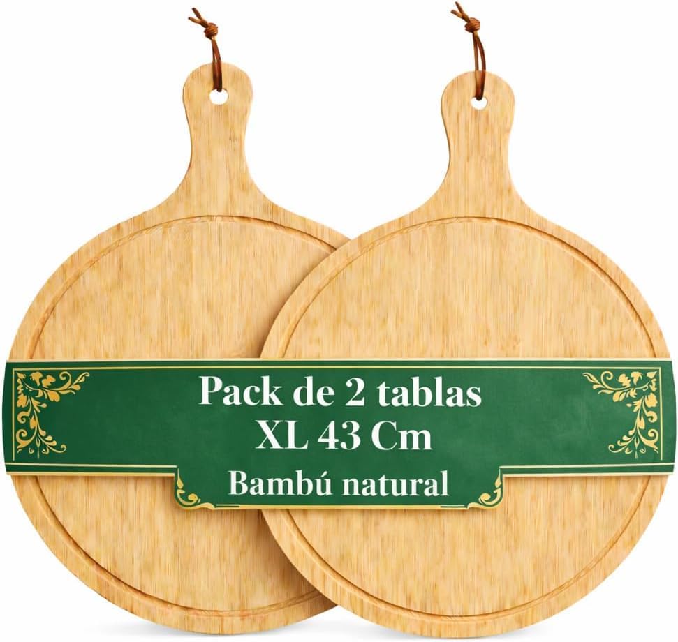 Pack 2 Tablas de Pizza Bambú 43 cm XL – Tabla Redonda para Cortar y Servir Pizza, Quesos y Aperitivos – Madera Natural Resistente