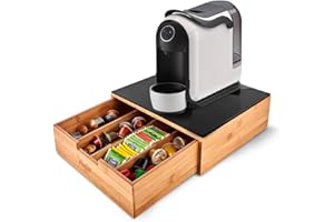 Avilia Porta Cialde in Bambù con Cassetto e Ripiano in Vetro – Organizer per Cialde, Capsule e Tisane – Porta Capsule Caffè, Bustine The e Zucchero – Ideale per Angolo Caffè in Cucina e Ufficio