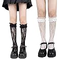 Fapiwen Lace Stockings For Women Girls, Fashion Lolita Fishnet Thigh High Socks, Lace Patterned Ruffled Over Knee High Socks, Sweet Hollow Out Long Socks For Teen Girls Kids -2 Pairs (Black + White)