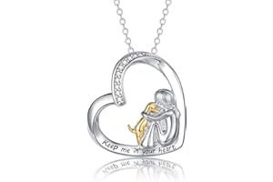 JEWAB Girl and Dog Necklace for Girls, Sterling Silver Chain Girl Hug Dog Pendant Necklace White Gold Heart Necklace Jewellery Gift for Dog Lovers│Birthday Gift for Her│Sterling Silver Necklace